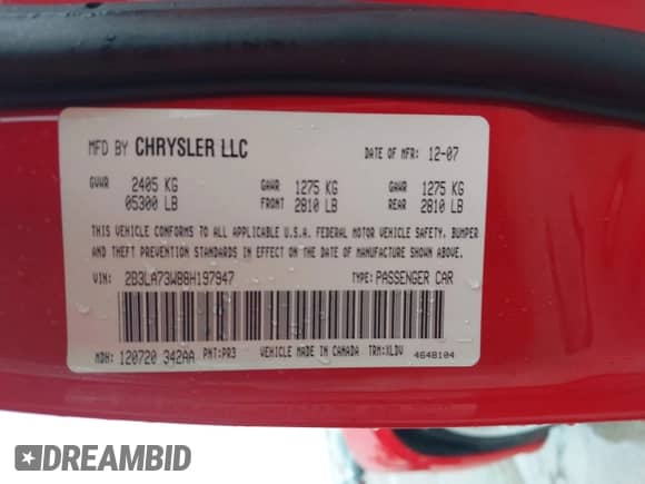 2008 Dodge Charger SRT-8 с VIN 2B3LA73W88H197947, выставлен на аукционе IAAI как лот 42160698 с пробегом 123 210 миль миль и . История ставок и продаж доступна на DreamBid. Изображение 9.