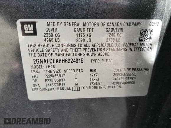 ✅ 2017 Chevrolet Equinox LT • VIN: 2GNALCEK8H6324315 • Лот: 85595425. Опубликован ранее на Copart с пробегом Не указан. Бесплатный доступ к архиву аукционных продаж из США и подробный отчёт об истории автомобиля на DreamBid. Изображение 14.