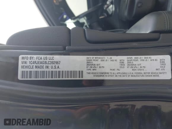 ✅ 2020 Jeep Grand Cherokee Altitude • VIN: 1C4RJEAG8LC392967 • Lot: 43074386. Listed on IAAI with 92,487 mi. Free auction sales archive from the USA and detailed vehicle history report at DreamBid. Image 9.