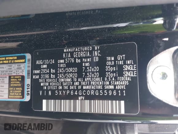 ✅ 2024 Kia Telluride S • VIN: 5XYP64GC0RG559611 • Lot: 43258685. Listed on IAAI with 24,625 mi. Free auction sales archive from the USA and detailed vehicle history report at DreamBid. Image 9.