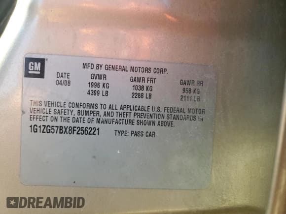 ✅ 2008 Chevrolet Malibu 1LS • VIN: 1G1ZG57BX8F256221 • Lot: 91399035. Listed on Copart with 122,427 mi. Free auction sales archive from the USA and detailed vehicle history report at DreamBid. Image 12.