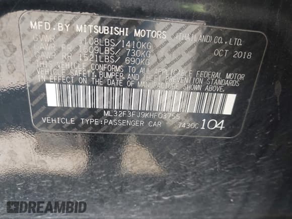 ✅ 2019 Mitsubishi Mirage ES • VIN: ML32F3FJ9KHF03755 • Lot: 43247245. Listed on IAAI with 146,280 mi. Free auction sales archive from the USA and detailed vehicle history report at DreamBid. Image 9.