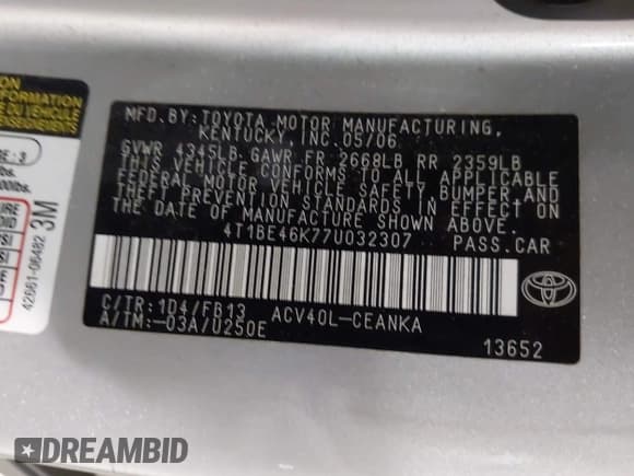 ✅ 2007 Toyota Camry LE • VIN: 4T1BE46K77U032307 • Lot: 43510241. Listed on IAAI with 91,927 mi. Free auction sales archive from the USA and detailed vehicle history report at DreamBid. Image 9.