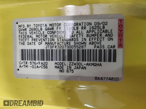 ✅ 2003 Toyota MR2 • VIN: JTDFR320730055287 • Лот: 63517195. Опубликован ранее на Copart с пробегом 355 059 миль. Бесплатный доступ к архиву аукционных продаж из США и подробный отчёт об истории автомобиля на DreamBid. Изображение 12.