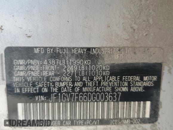 ✅ 2013 Subaru WRX WRX Limited • VIN: JF1GV7F66DG003637 • Lot: 54412475. Listed on Copart with 155,720 mi. Free auction sales archive from the USA and detailed vehicle history report at DreamBid. Image 12.