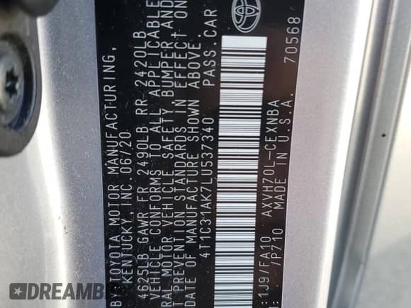 2020 Toyota Camry Hybrid LE с VIN 4T1C31AK7LU537340, выставлен на аукционе Copart как лот 81586985 с пробегом 44 738 миль миль и Списание • Salvage title. История ставок и продаж доступна на DreamBid. Изображение 12.