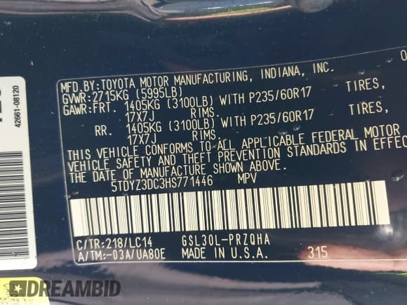 ✅ 2017 Toyota Sienna XLE • VIN: 5TDYZ3DC3HS771446 • Lot: 43309826. Listed on IAAI with 102,712 mi. Free auction sales archive from the USA and detailed vehicle history report at DreamBid. Image 9.