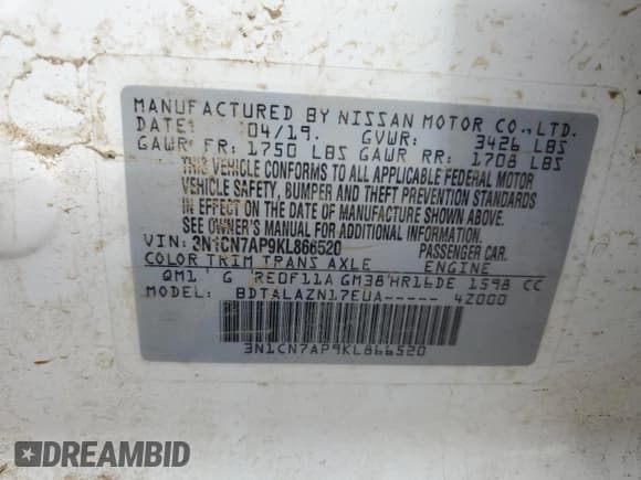 ✅ 2019 Nissan Versa SV • VIN: 3N1CN7AP9KL866520 • Lot: 84988095. Wystawiony na Copart z przebiegiem 98 197 mil. Bezpłatny archiwum sprzedaży aukcyjnych z USA i szczegółowy raport historii pojazdu na DreamBid. Zdjęcie 12.