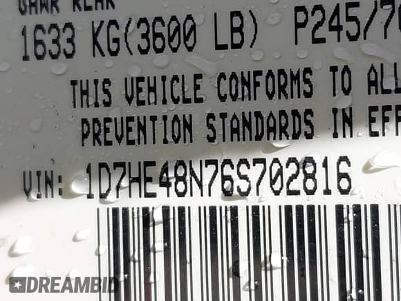 2006 Dodge Dakota SLT with VIN 1D7HE48N76S702816, listed as a IAAI auction lot 41685793 with 192,271 mi miles and . Bid and sale history available at DreamBid. Image 9.