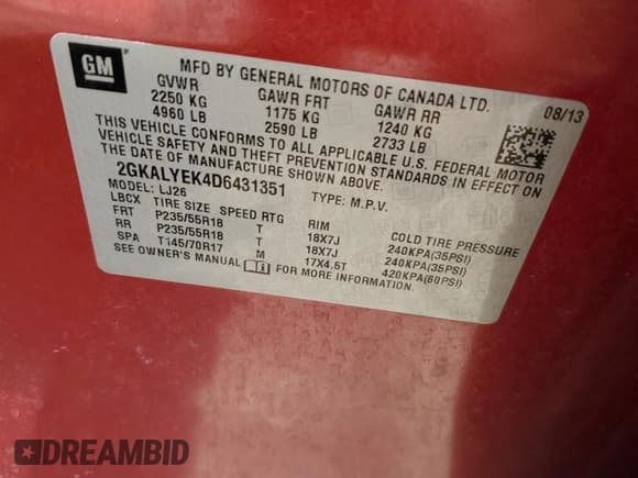 ✅ 2013 GMC Terrain Denali • VIN: 2GKALYEK4D6431351 • Лот: 59203155. Опубликован ранее на Copart с пробегом 150 539 миль. Бесплатный доступ к архиву аукционных продаж из США и подробный отчёт об истории автомобиля на DreamBid. Изображение 13.