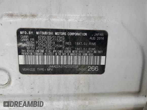 2017 Mitsubishi Outlander ES with VIN JA4AD2A31HZ002029, listed as a Copart auction lot 84197975 with 154,069 mi miles and Salvage title. Bid and sale history available at DreamBid. Image 13.