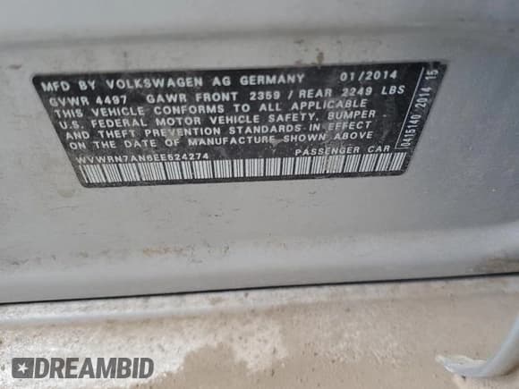 ✅ 2014 Volkswagen CC Executive • VIN: WVWRN7AN6EE524274 • Lot: 88057495. Listed on Copart with 112,058 mi. Free auction sales archive from the USA and detailed vehicle history report at DreamBid. Image 12.