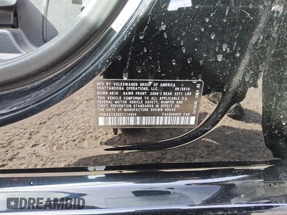 ✅ 2014 Volkswagen Passat S • VIN: 1VWAS7A35EC114904 • Lot: 81285565. Listed on Copart with 113,495 mi. Free auction sales archive from the USA and detailed vehicle history report at DreamBid. Image 12.