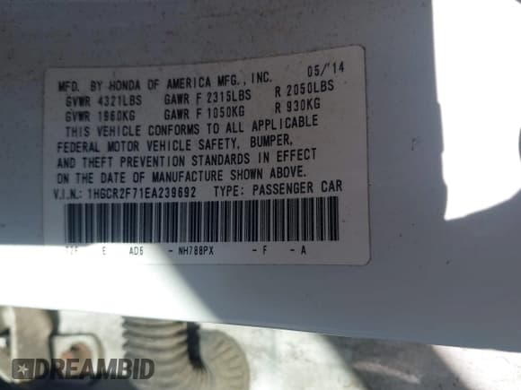 ✅ 2014 Honda Accord EX • VIN: 1HGCR2F71EA239692 • Lot: 43675824. Listed on IAAI with 191,899 mi. Free auction sales archive from the USA and detailed vehicle history report at DreamBid. Image 9.