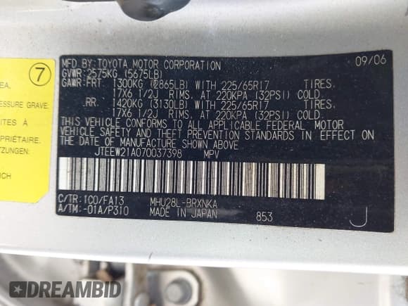 ✅ 2007 Toyota Highlander w/3rd Row • VIN: JTEEW21A070037398 • Lot: 42289988. Wystawiony na IAAI z przebiegiem 94 333 mil. Bezpłatny archiwum sprzedaży aukcyjnych z USA i szczegółowy raport historii pojazdu na DreamBid. Zdjęcie 9.