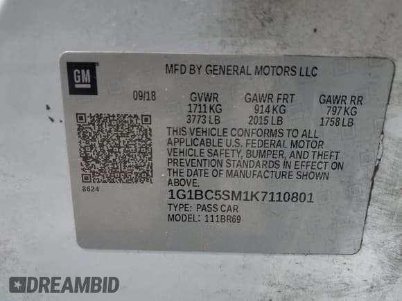 ✅ 2019 Chevrolet Cruze LS • VIN: 1G1BC5SM1K7110801 • Lot: 43252138. Listed on IAAI with 126,551 mi. Free auction sales archive from the USA and detailed vehicle history report at DreamBid. Image 9.