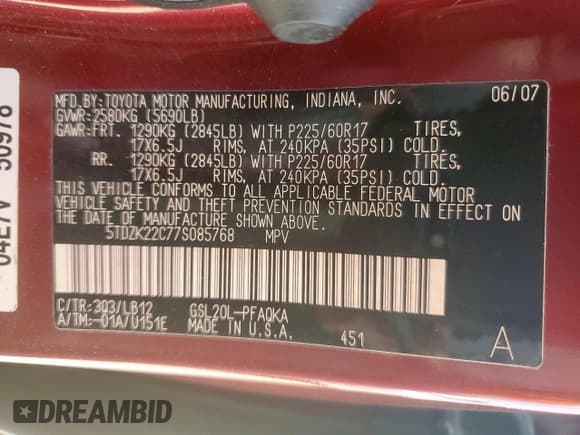 ✅ 2007 Toyota Sienna XLE • VIN: 5TDZK22C77S085768 • Лот: 84628305. Опубликован ранее на Copart с пробегом 128 636 миль. Бесплатный доступ к архиву аукционных продаж из США и подробный отчёт об истории автомобиля на DreamBid. Изображение 12.