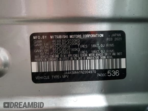 ✅ 2022 Mitsubishi Eclipse Cross SE • VIN: JA4ASWAA1NZ004970 • Lot: 71445195. Listed on Copart with 130,955 mi. Free auction sales archive from the USA and detailed vehicle history report at DreamBid. Image 14.