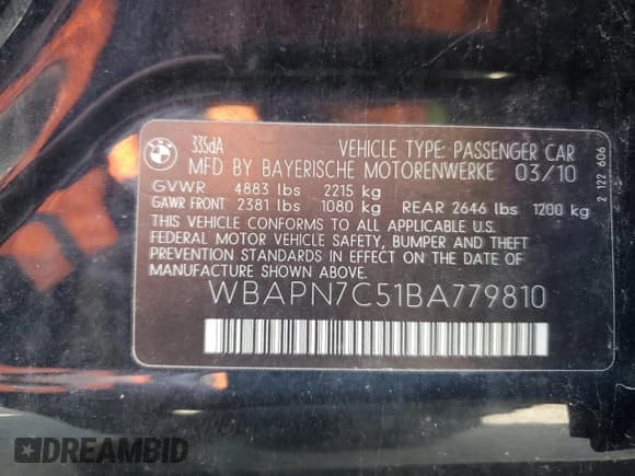 ✅ 2011 BMW 3 Series 335d • VIN: WBAPN7C51BA779810 • Lot: 52400005. Listed on Copart with 150,846 mi. Free auction sales archive from the USA and detailed vehicle history report at DreamBid. Image 14.