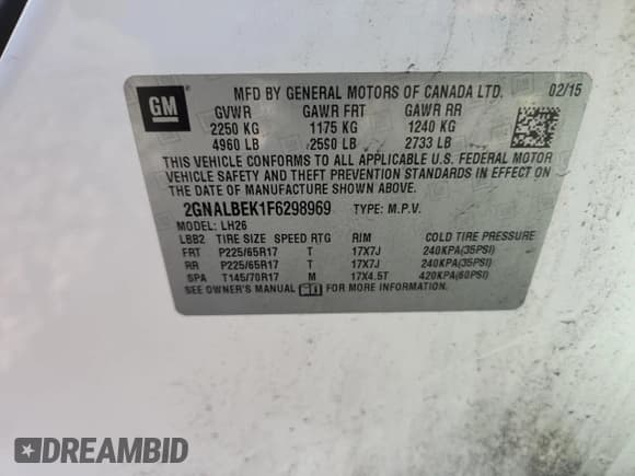 ✅ 2015 Chevrolet Equinox LT • VIN: 2GNALBEK1F6298969 • Лот: 87271725. Опубликован ранее на Copart с пробегом 181 638 миль. Бесплатный доступ к архиву аукционных продаж из США и подробный отчёт об истории автомобиля на DreamBid. Изображение 13.