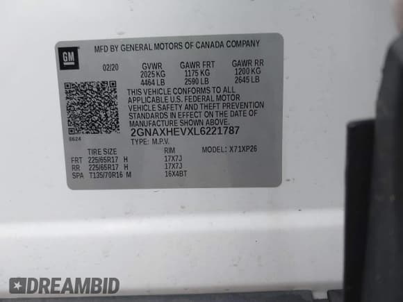 ✅ 2020 Chevrolet Equinox LS • VIN: 2GNAXHEVXL6221787 • Лот: 43510157. Опубликован ранее на IAAI с пробегом 97 466 миль. Бесплатный доступ к архиву аукционных продаж из США и подробный отчёт об истории автомобиля на DreamBid. Изображение 9.