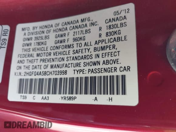 ✅ 2012 Honda Civic Si • VIN: 2HGFG4A58CH703998 • Lot: 42153357. Listed on IAAI with 153,912 mi. Free auction sales archive from the USA and detailed vehicle history report at DreamBid. Image 9.