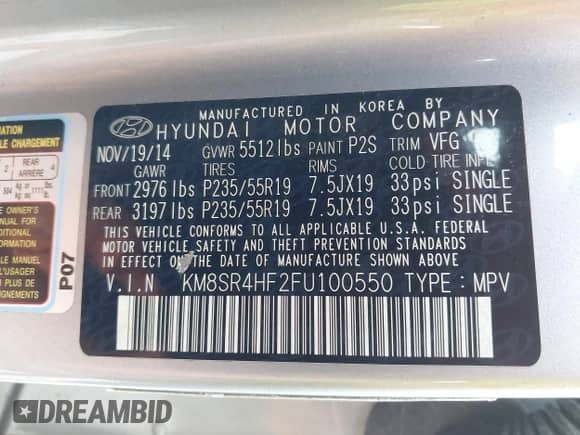 2015 Hyundai Santa Fe Limited with VIN KM8SR4HF2FU100550, listed as a IAAI auction lot 42187863 with 223,695 mi miles and . Bid and sale history available at DreamBid. Image 9.