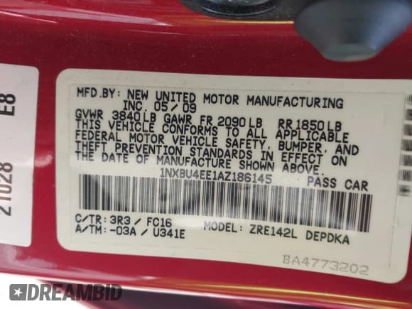 ✅ 2010 Toyota Corolla • VIN: 1NXBU4EE1AZ186145 • Lot: 42318162. Listed on IAAI with 200,416 mi. Free auction sales archive from the USA and detailed vehicle history report at DreamBid. Image 9.