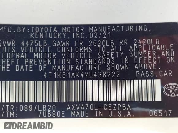 2021 Toyota Camry XSE z VIN 4T1K61AK4MU438222, wystawiony jako IAAI lot #43237160 z przebiegiem 49 103 mil mil oraz . Historia ofert i sprzedaży dostępna na DreamBid. Obrazek 9.