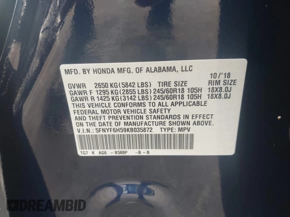 ✅ 2019 Honda Pilot EX-L • VIN: 5FNYF6H59KB035872 • Лот: 42756947. Опубликован ранее на IAAI с пробегом 65 801 миль. Бесплатный доступ к архиву аукционных продаж из США и подробный отчёт об истории автомобиля на DreamBid. Изображение 9.