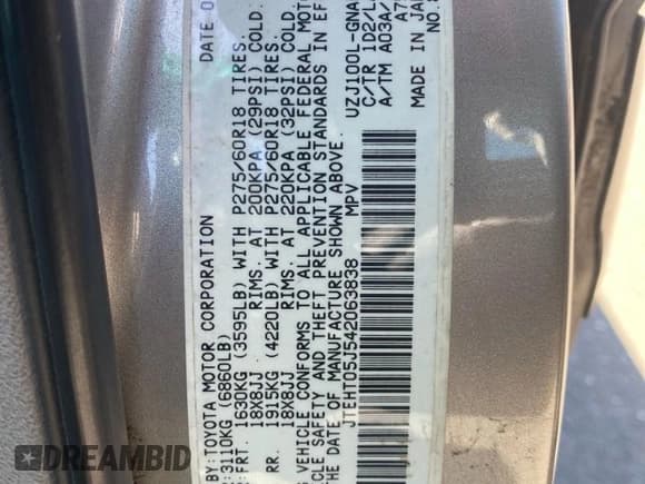 ✅ 2004 Toyota Land Cruiser • VIN: JTEHT05J542063838 • Lot: 55477635. Listed on Copart with 290,726 mi. Free auction sales archive from the USA and detailed vehicle history report at DreamBid. Image 10.