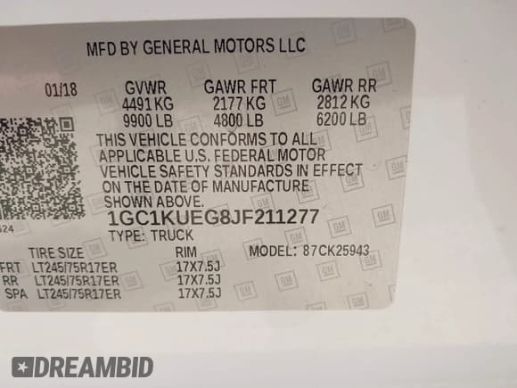 ✅ 2018 Chevrolet Silverado 2500HD Work Truck • VIN: 1GC1KUEG8JF211277 • Lot: 42113305. Listed on IAAI with 210,592 mi. Free auction sales archive from the USA and detailed vehicle history report at DreamBid. Image 9.