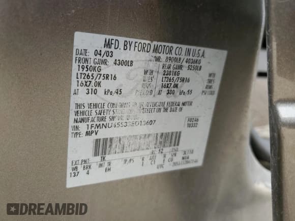 ✅ 2003 Ford Excursion Eddie Bauer • VIN: 1FMNU45S33ED13607 • Lot: 83227864. Wystawiony na Copart z przebiegiem 251 989 mil. Bezpłatny archiwum sprzedaży aukcyjnych z USA i szczegółowy raport historii pojazdu na DreamBid. Zdjęcie 15.