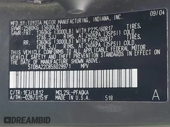 ✅ 2005 Toyota Sienna XLE Limited • VIN: 5TDBA22C85S029971 • Lot: 43881544. Listed on IAAI with 233,178 mi. Free auction sales archive from the USA and detailed vehicle history report at DreamBid. Image 9.