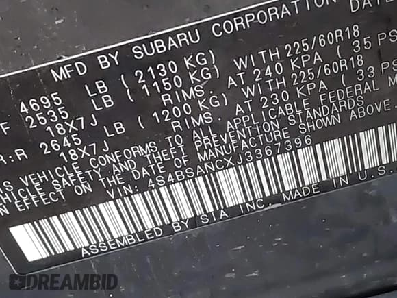 ✅ 2018 Subaru Outback Limited • VIN: 4S4BSANCXJ3367396 • Lot: 42312755. Listed on IAAI with 98,541 mi. Free auction sales archive from the USA and detailed vehicle history report at DreamBid. Image 9.