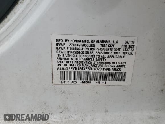 ✅ 2014 Honda Ridgeline SE • VIN: 5FPYK1F6XEB014020 • Lot: 81117695. Listed on Copart with 173,407 mi. Free auction sales archive from the USA and detailed vehicle history report at DreamBid. Image 12.