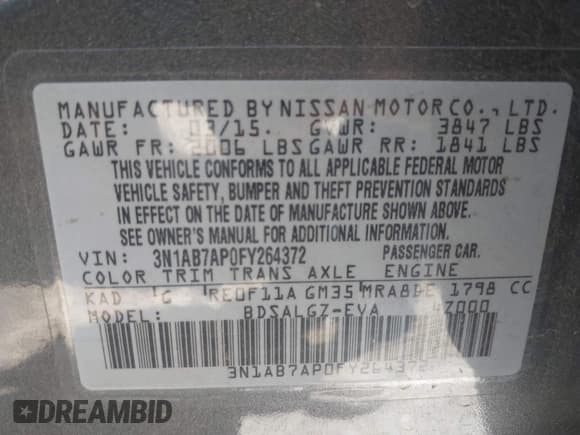 ✅ 2015 Nissan Sentra SR • VIN: 3N1AB7AP0FY264372 • Lot: 42336275. Listed on IAAI with 173,514 mi. Free auction sales archive from the USA and detailed vehicle history report at DreamBid. Image 9.