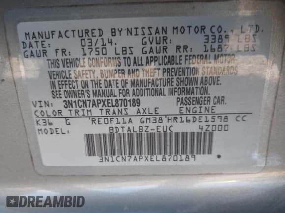 ✅ 2014 Nissan Versa SV • VIN: 3N1CN7APXEL870189 • Лот: 43652286. Опубликован ранее на IAAI с пробегом 63 384 миль. Бесплатный доступ к архиву аукционных продаж из США и подробный отчёт об истории автомобиля на DreamBid. Изображение 9.