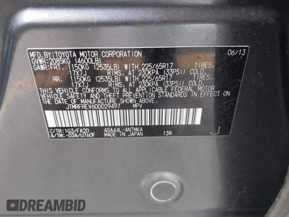 ✅ 2013 Toyota RAV4 XLE • VIN: JTMRFREV6DD029497 • Лот: 43392188. Опубликован ранее на IAAI с пробегом 176 742 миль. Бесплатный доступ к архиву аукционных продаж из США и подробный отчёт об истории автомобиля на DreamBid. Изображение 9.