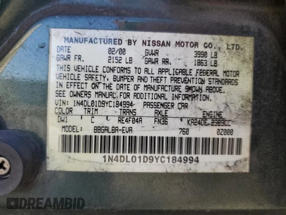 ✅ 2000 Nissan Altima XE • VIN: 1N4DL01D9YC184994 • Lot: 82639855. Listed on Copart with 291,285 mi. Free auction sales archive from the USA and detailed vehicle history report at DreamBid. Image 12.