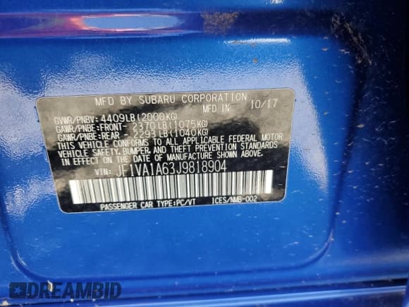 ✅ 2018 Subaru WRX • VIN: JF1VA1A63J9818904 • Lot: 68891125. Listed on Copart with 91,366 mi. Free auction sales archive from the USA and detailed vehicle history report at DreamBid. Image 13.