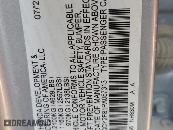 ✅ 2023 Honda Accord Touring • VIN: 1HGCY2F81PA057313 • Lot: 67825915. Listed on Copart with Not provided. Free auction sales archive from the USA and detailed vehicle history report at DreamBid. Image 12.