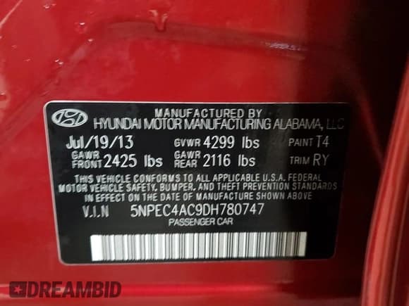 ✅ 2013 Hyundai Sonata SE • VIN: 5NPEC4AC9DH780747 • Lot: 69197404. Listed on Copart with 86,085 mi. Free auction sales archive from the USA and detailed vehicle history report at DreamBid. Image 12.