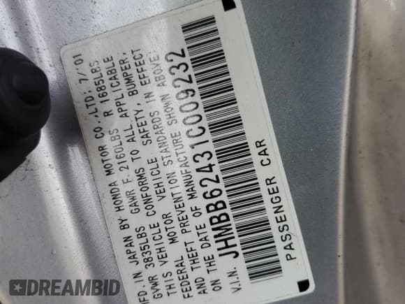 ✅ 2001 Honda Prelude • VIN: JHMBB62431C009232 • Lot: 48080375. Wystawiony na Copart z przebiegiem 225 233 mil. Bezpłatny archiwum sprzedaży aukcyjnych z USA i szczegółowy raport historii pojazdu na DreamBid. Zdjęcie 12.