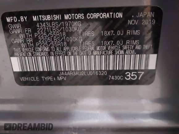 2020 Mitsubishi Outlander ES с VIN JA4AR3AU2LU016320, выставлен на аукционе IAAI как лот 42328777 с пробегом 83 723 миль миль и . История ставок и продаж доступна на DreamBid. Изображение 9.