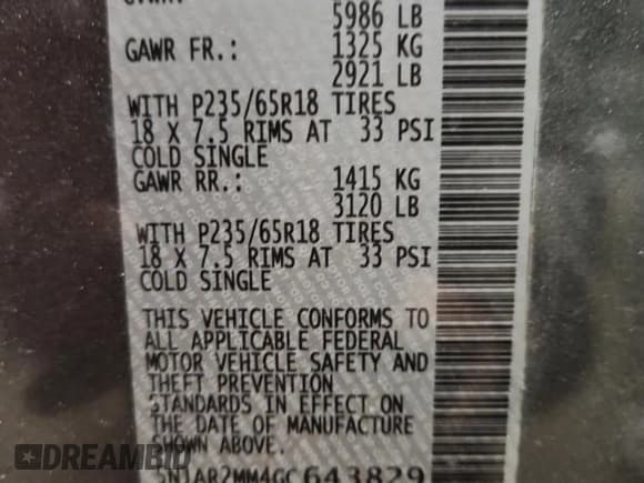 ✅ 2016 Nissan Pathfinder Platinum • VIN: 5N1AR2MM4GC643829 • Lot: 93140505. Listed on Copart with 94,239 mi. Free auction sales archive from the USA and detailed vehicle history report at DreamBid. Image 13.