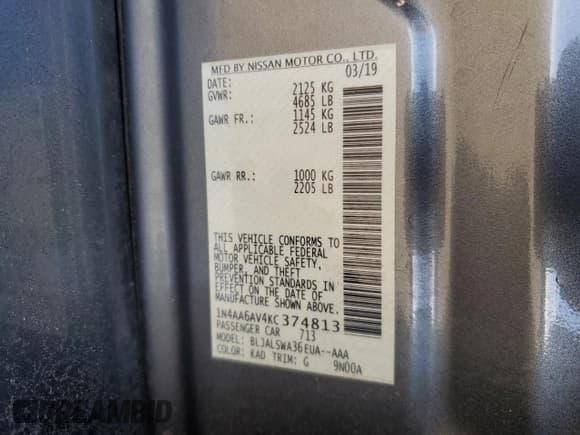 ✅ 2019 Nissan Maxima SV • VIN: 1N4AA6AV4KC374813 • Lot: 84830115. Wystawiony na Copart z przebiegiem 66 217 mil. Bezpłatny archiwum sprzedaży aukcyjnych z USA i szczegółowy raport historii pojazdu na DreamBid. Zdjęcie 13.