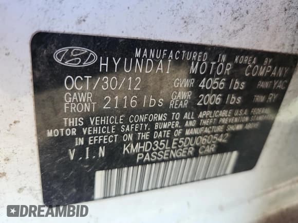 ✅ 2013 Hyundai Elantra • VIN: KMHD35LE5DU060542 • Lot: 66137095. Listed on Copart with 142,768 mi. Free auction sales archive from the USA and detailed vehicle history report at DreamBid. Image 12.