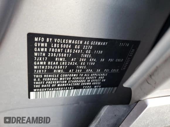 ✅ 2017 Volkswagen Tiguan Wolfsburg Edition • VIN: WVGSV7AX2HK013181 • Lot: 92036495. Wystawiony na Copart z przebiegiem 130 239 mil. Bezpłatny archiwum sprzedaży aukcyjnych z USA i szczegółowy raport historii pojazdu na DreamBid. Zdjęcie 12.