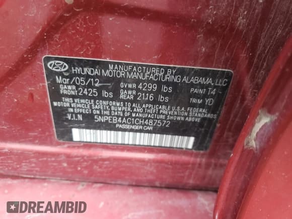 ✅ 2012 Hyundai Sonata GLS • VIN: 5NPEB4AC1CH487572 • Lot: 72244474. Listed on Copart with Not provided. Free auction sales archive from the USA and detailed vehicle history report at DreamBid. Image 14.